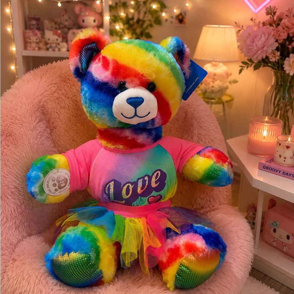Build-A-Bear Rainbow Tie-Dye Bear with Pink 'Love' Outfit